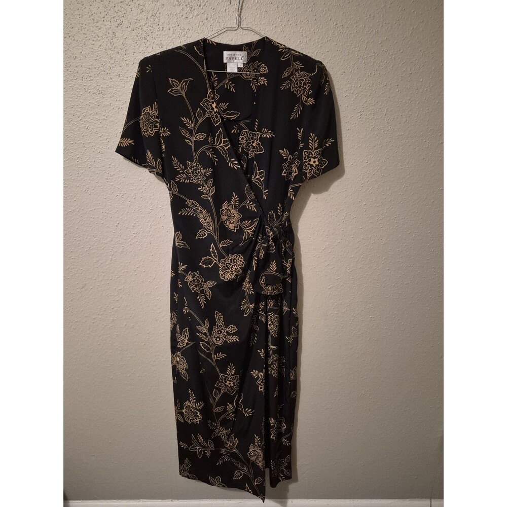 VTG Adrianna Papell 100% Silk Maxi Dress 6 Black Fairy Grunge Faux Wrap
